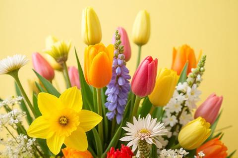 Leuchtender Frühlingsstrauß mit Tulpen und Narzissen