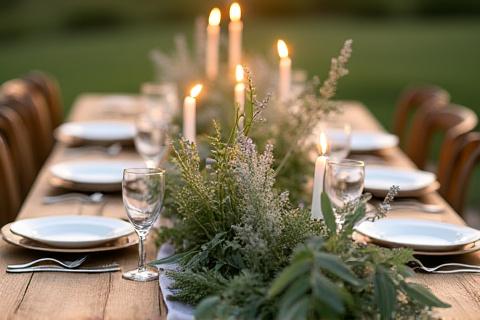 Rustikale Hochzeitstafel mit Wildblumen und Grün