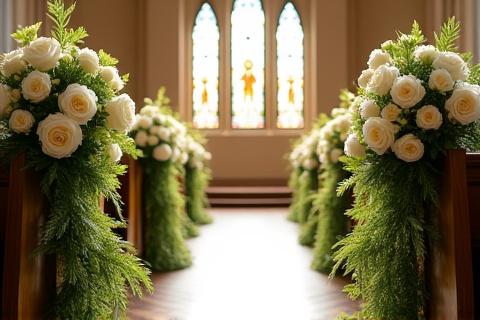 Elegante Kirchendekoration für eine Hochzeitszeremonie
