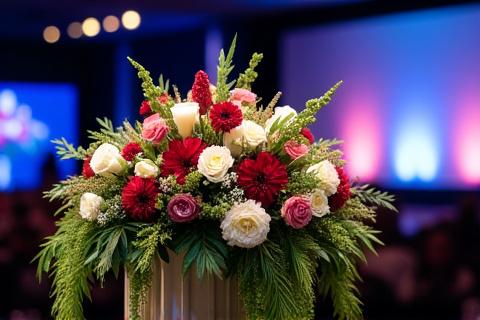 Üppiger Blumenschmuck für ein Podium bei einer Konferenz