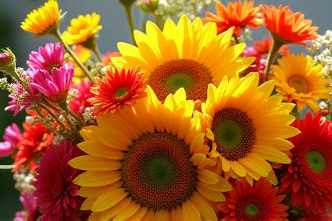 Bunter Sommerblumenstrauß mit Sonnenblumen und Dahlien